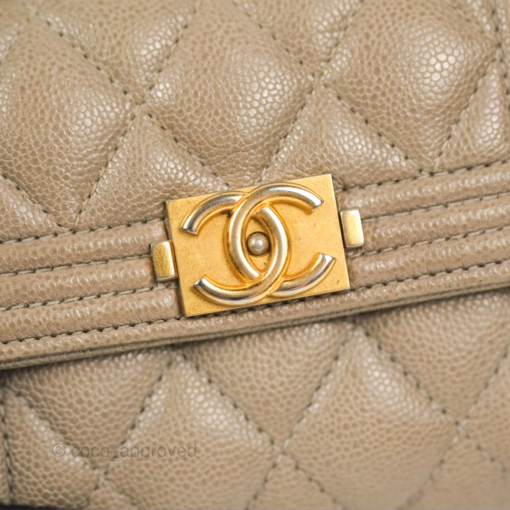 Chanel Quilted Boy Flap Card Holder Taupe Grey Caviar Aged Gold Hardware