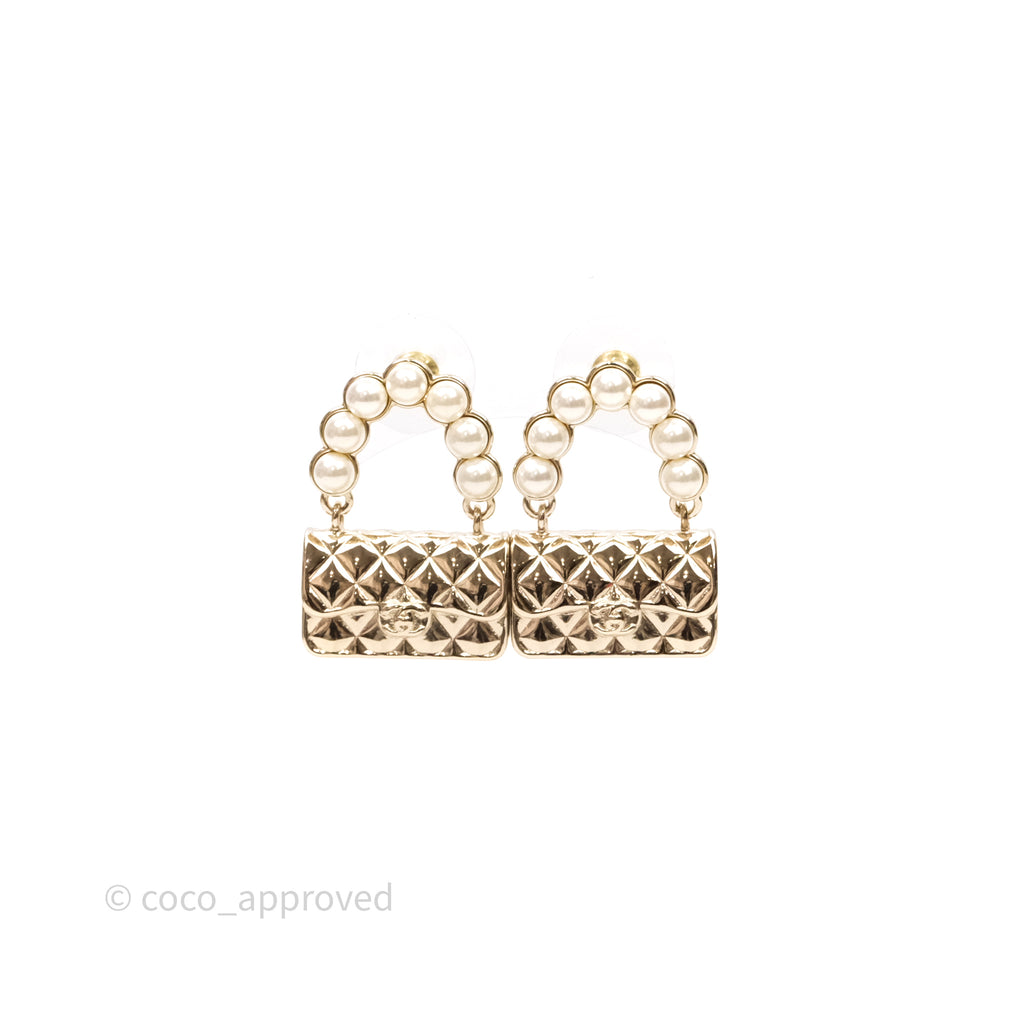 Chanel Pearl Quilted CC Flap Bag Earrings Gold 22V