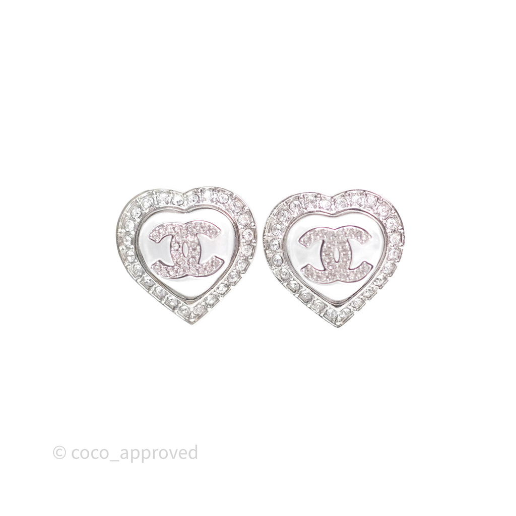 Chanel Crystal CC Heart Earrings Silver Tone 23B