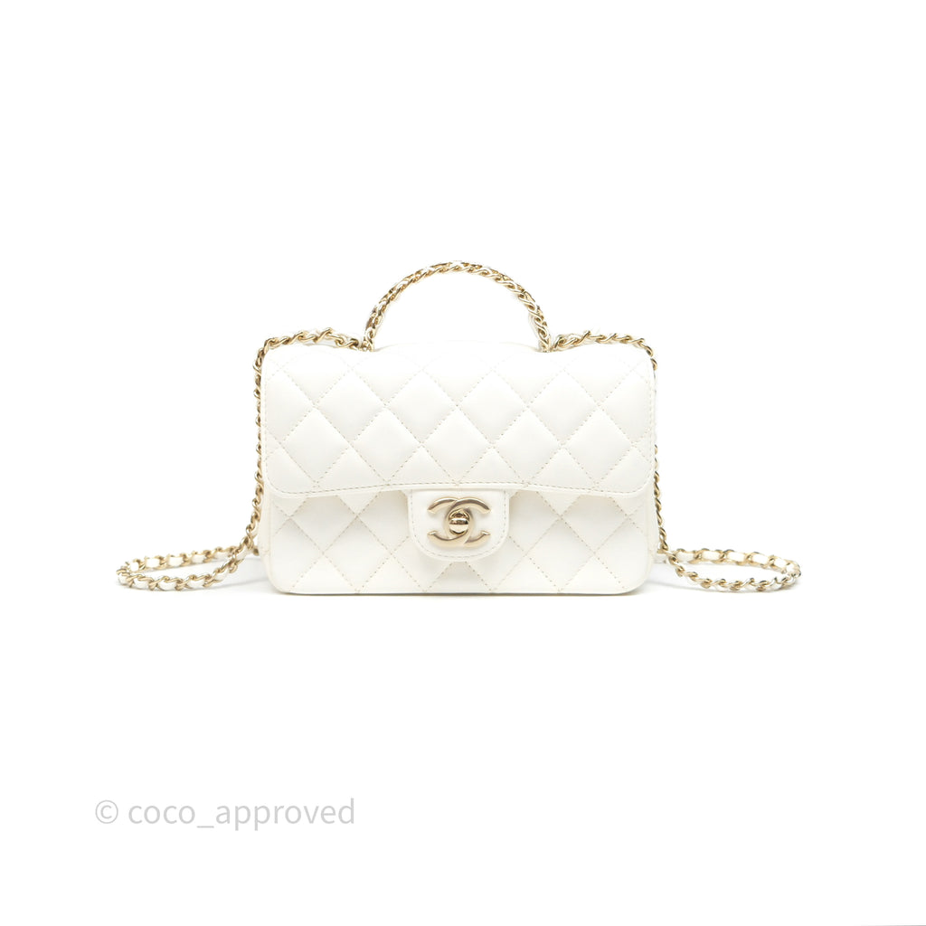 Chanel Crystals Top Handle Mini Rectangular Flap Bag White Lambskin Gold Hardware