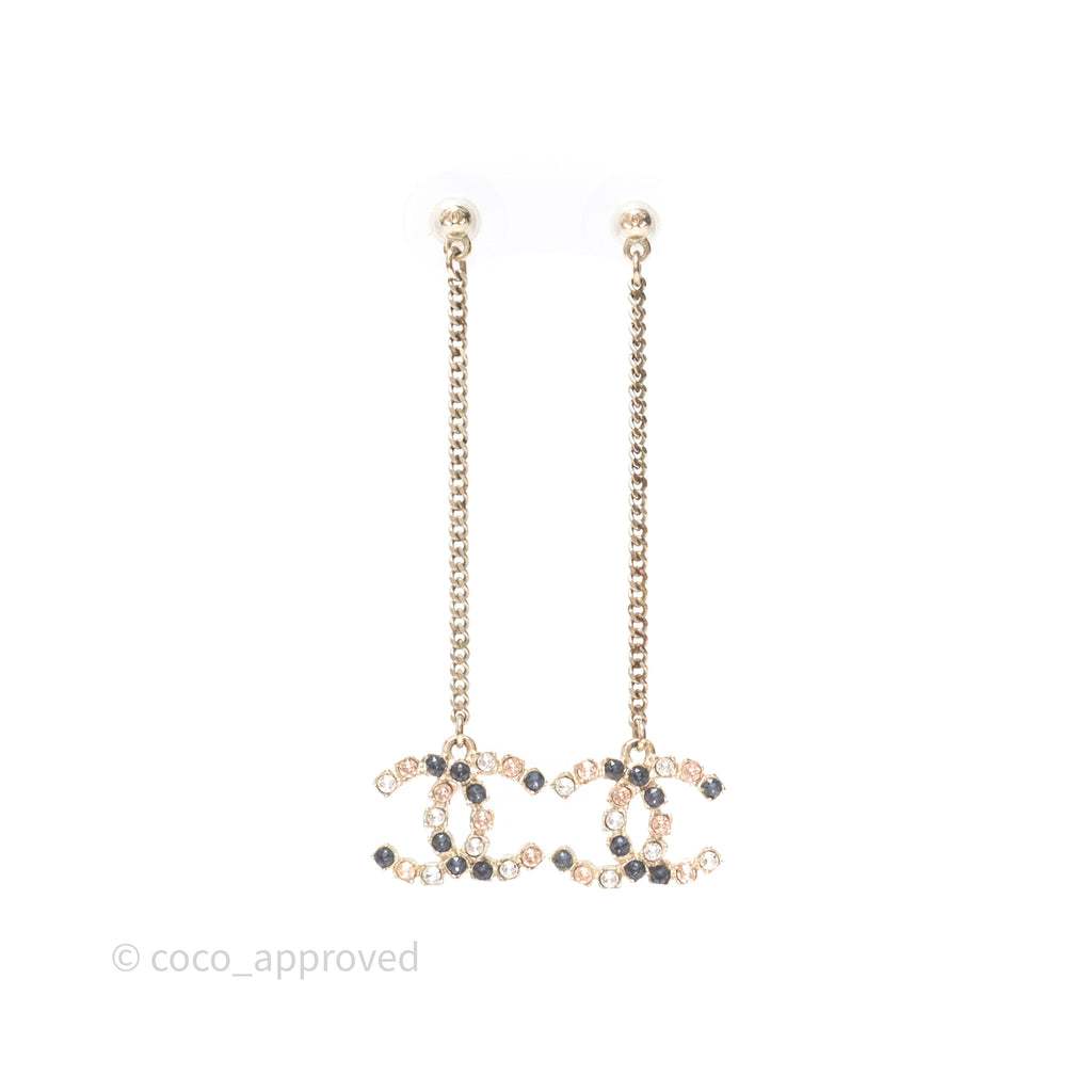 Chanel Crystal CC Long Drop Earrings Gold Tone 19A