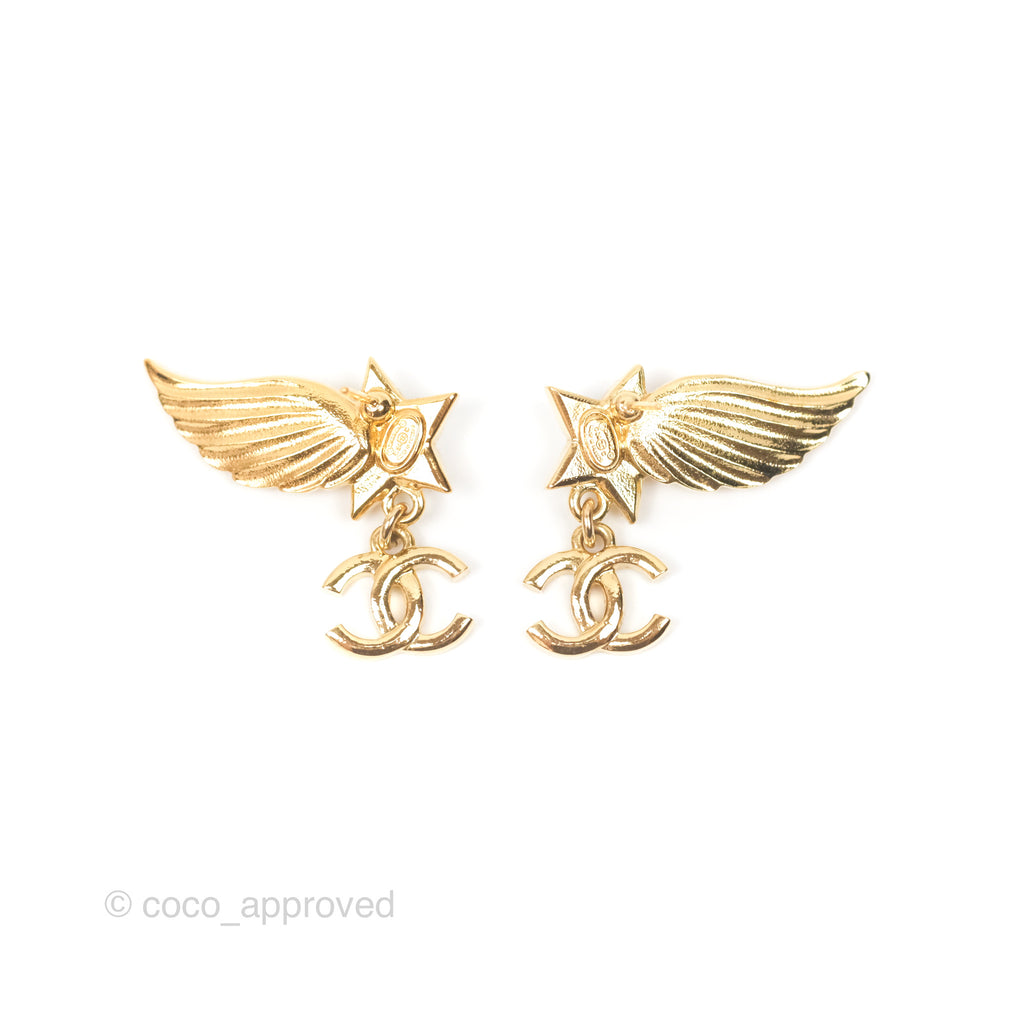 Chanel Pearl Crystal CC Star Wing Earrings Gold Tone 24C