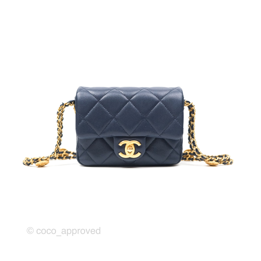 Chanel Mini Flap with Coin Charm Navy Caviar Aged Gold Hardware 22A