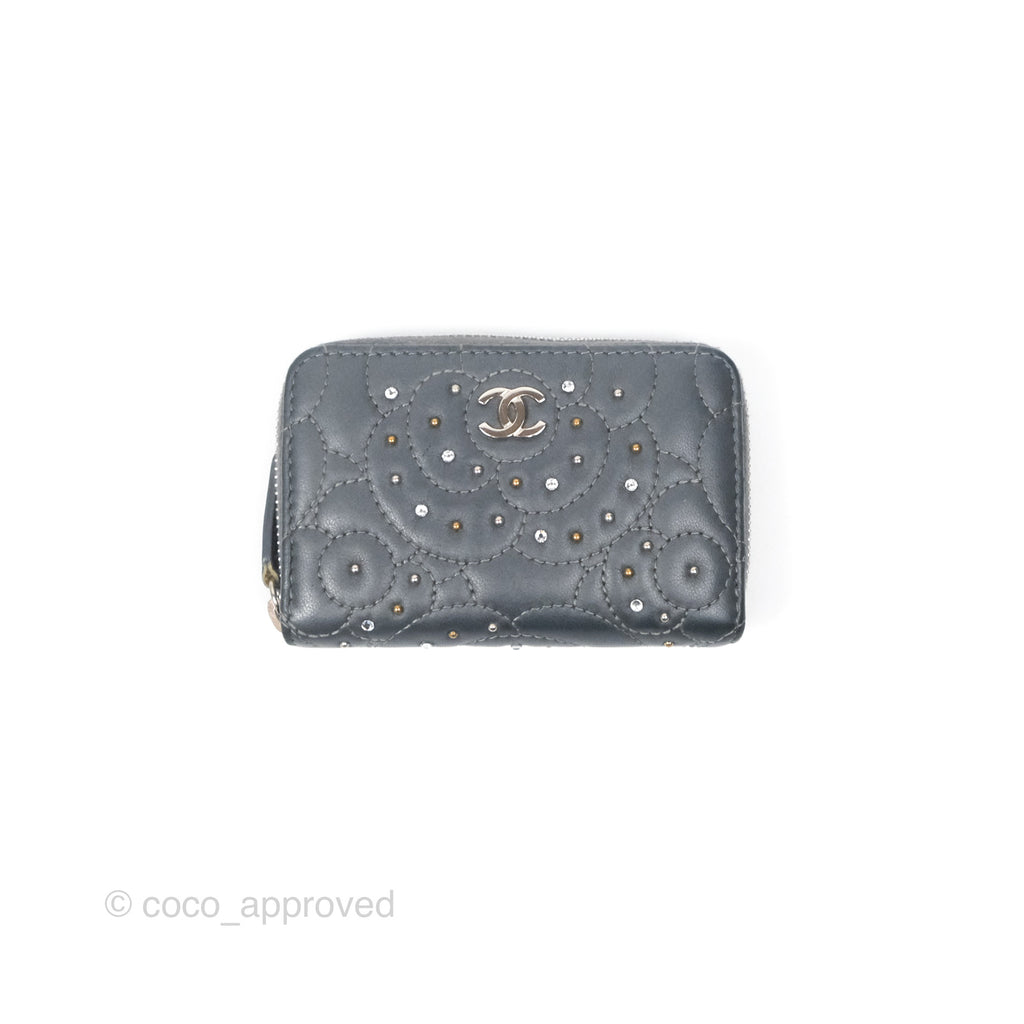 Chanel Camellia Studded Zip Card Holder Grey Silver Hardware