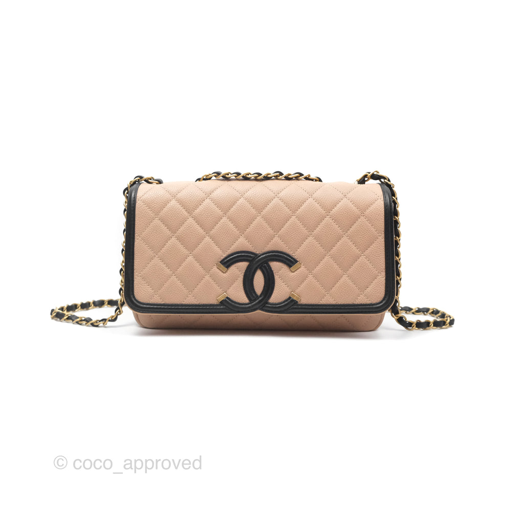 Chanel Quilted Medium CC Filigree Flap Beige Black Caviar