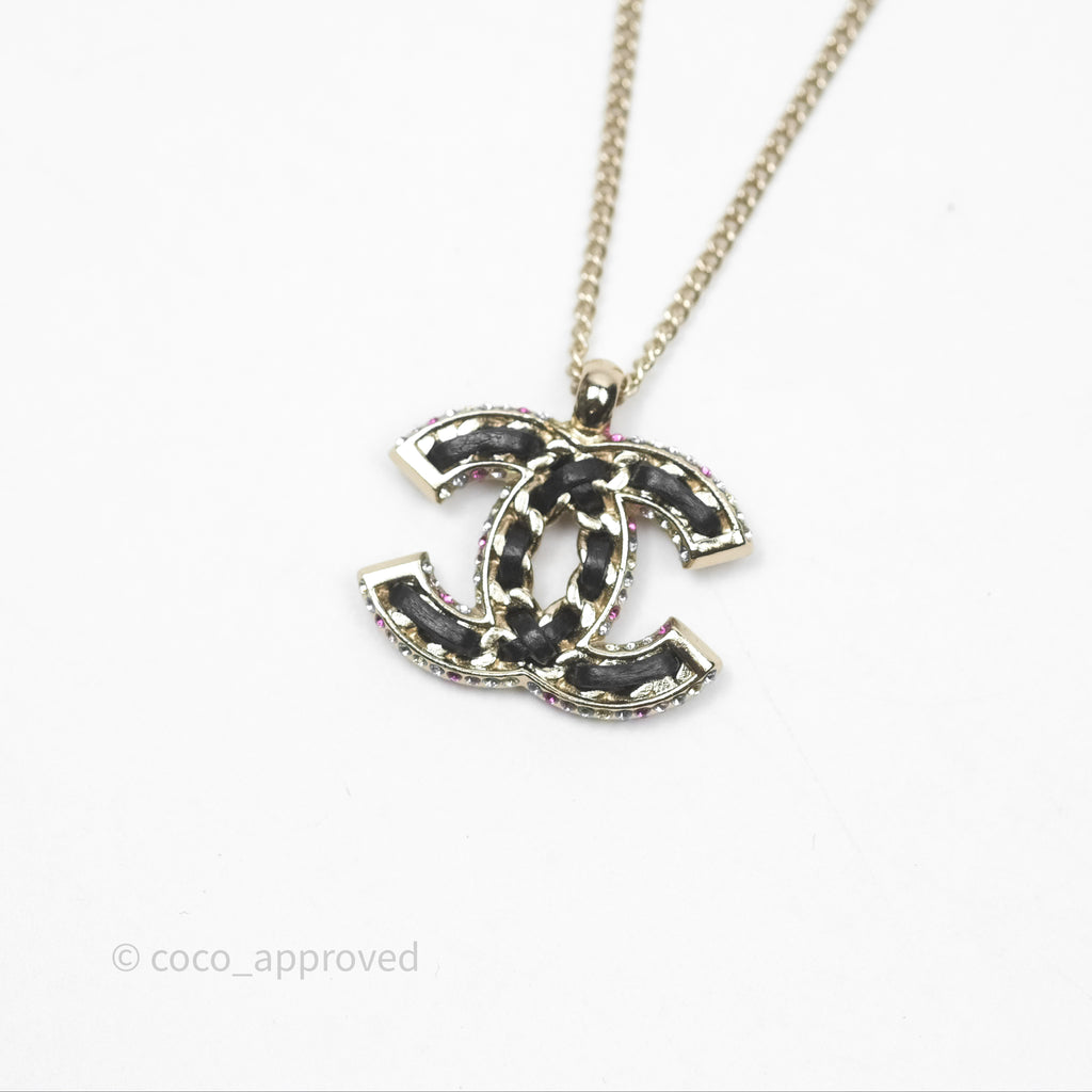 Chanel Crystal Black leather CC Necklace Gold Tone 21P