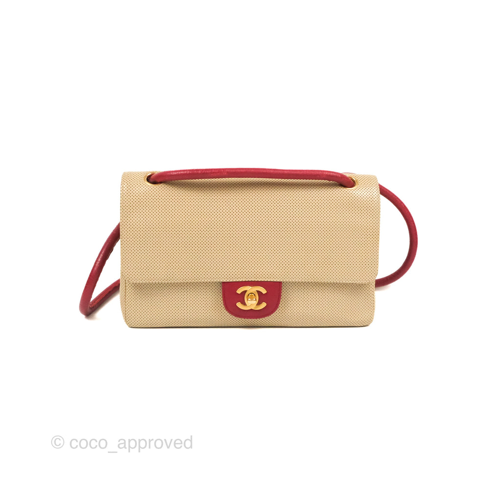 Chanel Vintage Medium Perforated Single Flap Beige/Red Matte Gold Hardware⁣⁣