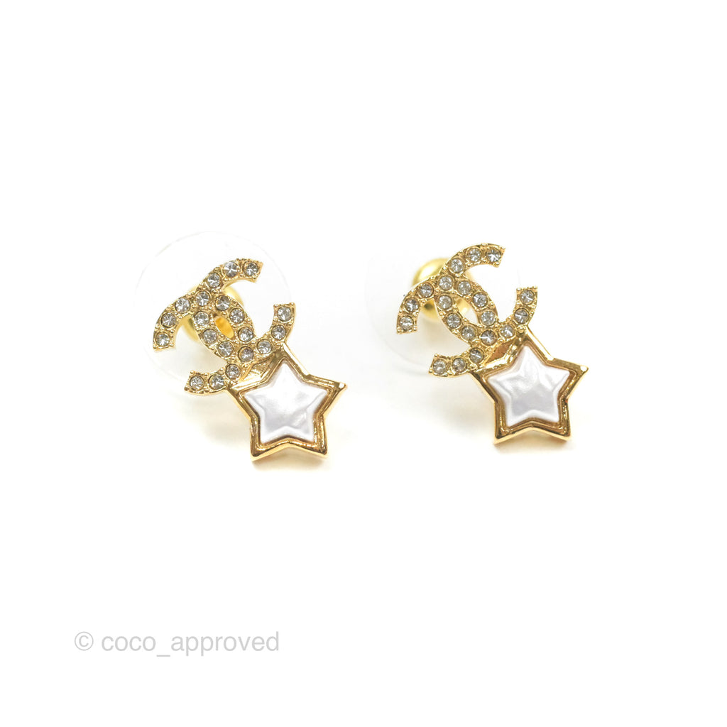 Chanel Crystal CC Star Earrings Gold Tone 24C