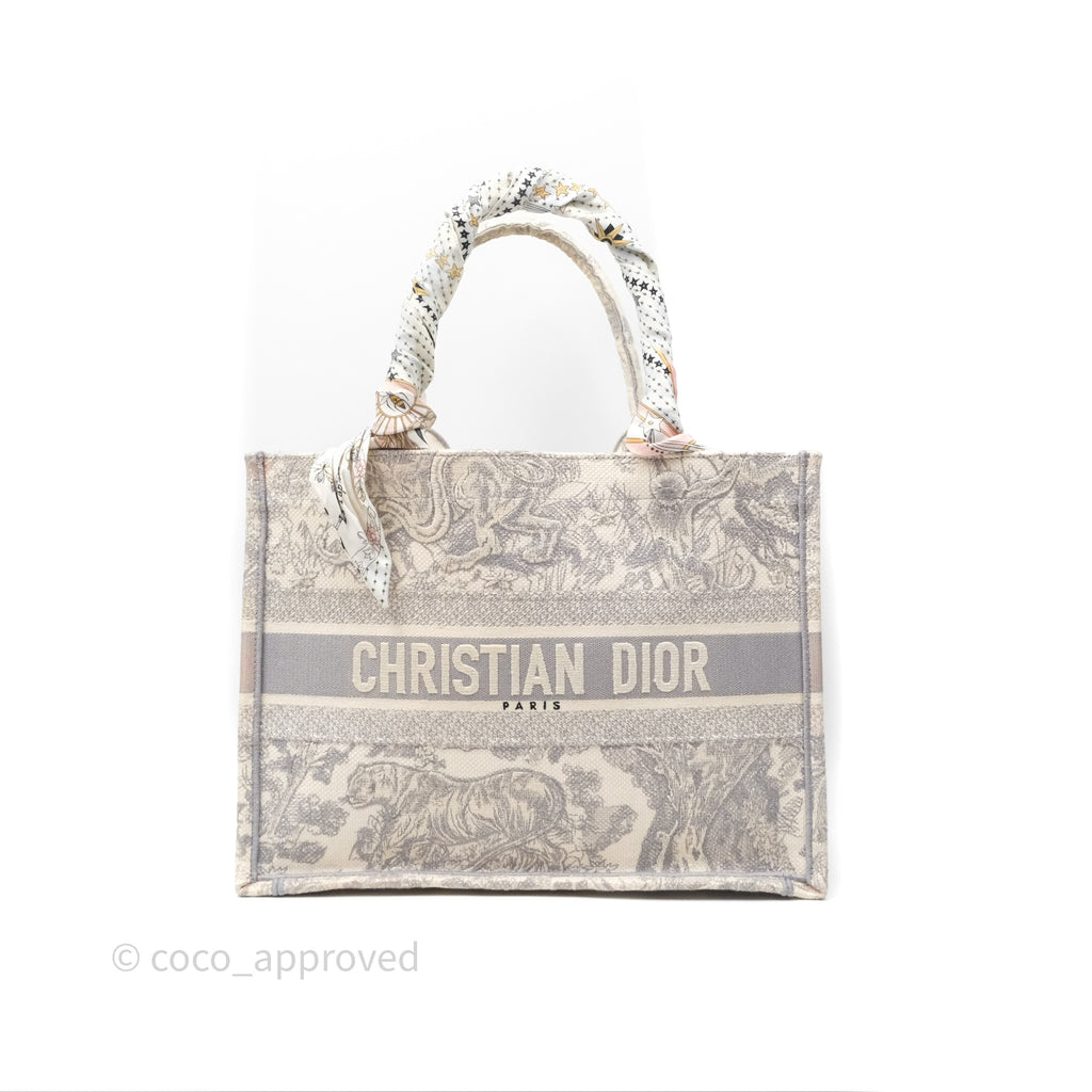 Christian Dior Medium (Old Small) Embroidered Toile De Jouy Light Grey Canvas Book Tote