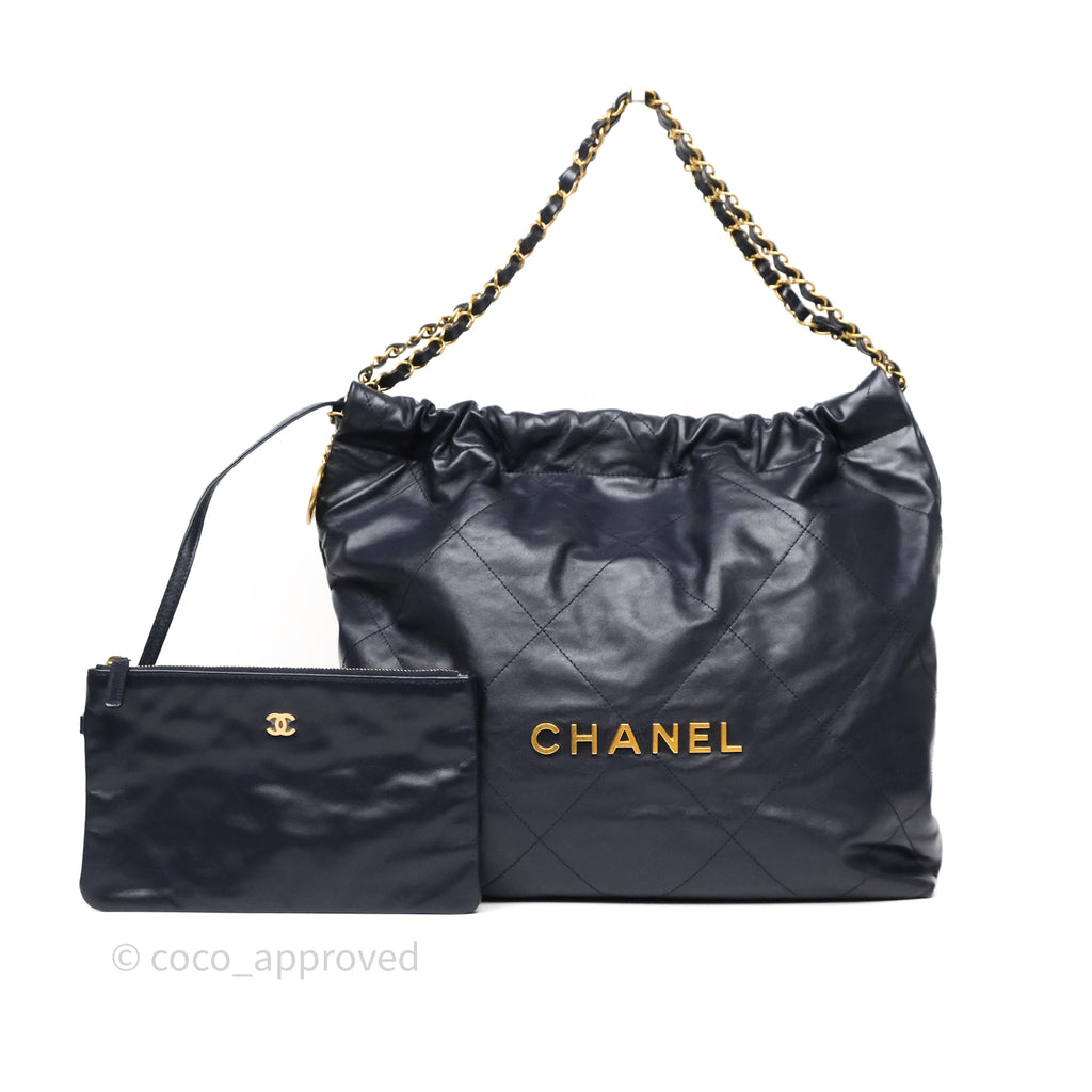 Chanel 22 Medium Navy Shiny Calfskin Aged Gold Hardware