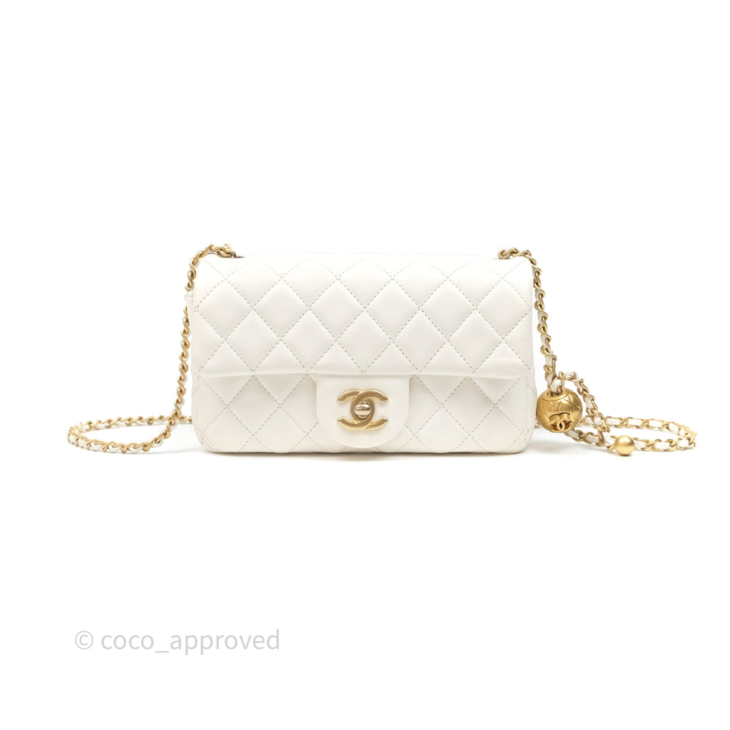 Chanel Mini Rectangular Pearl Crush Quilted White Lambskin Aged Gold Hardware