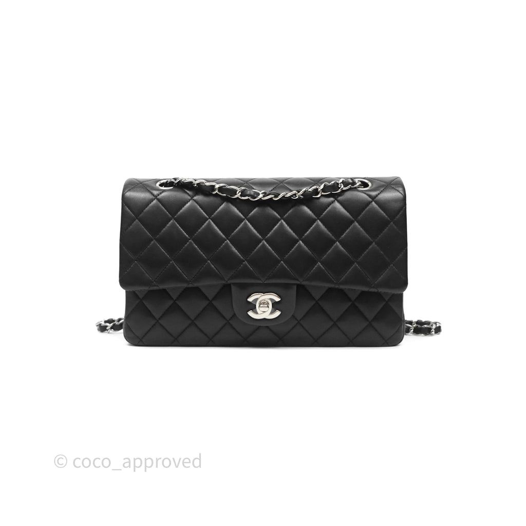 Chanel Classic M/L Medium Flap Quilted Black Lambskin Silver Hardware