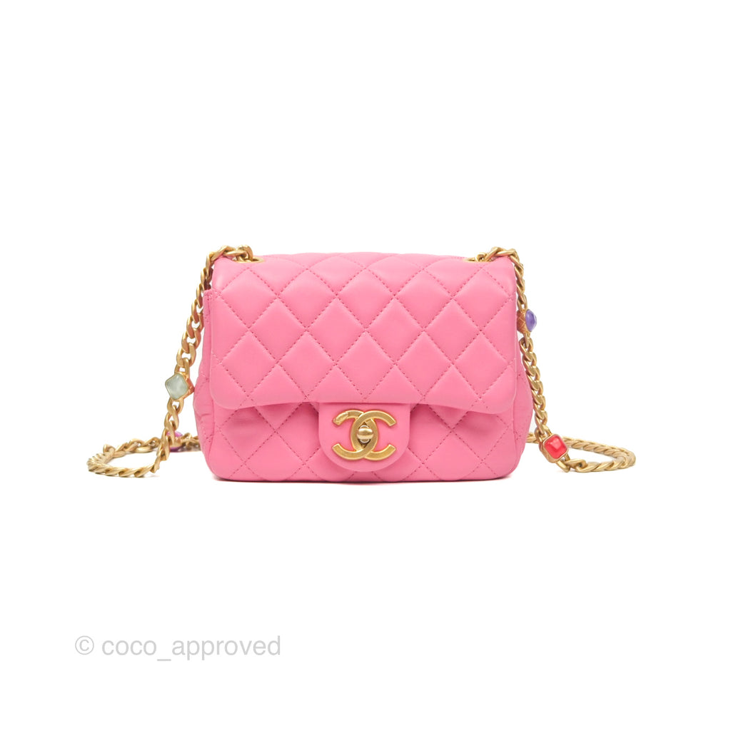 Chanel Mini Pearl Samba Square Flap Pink Lambskin Aged Gold Hardware 21P