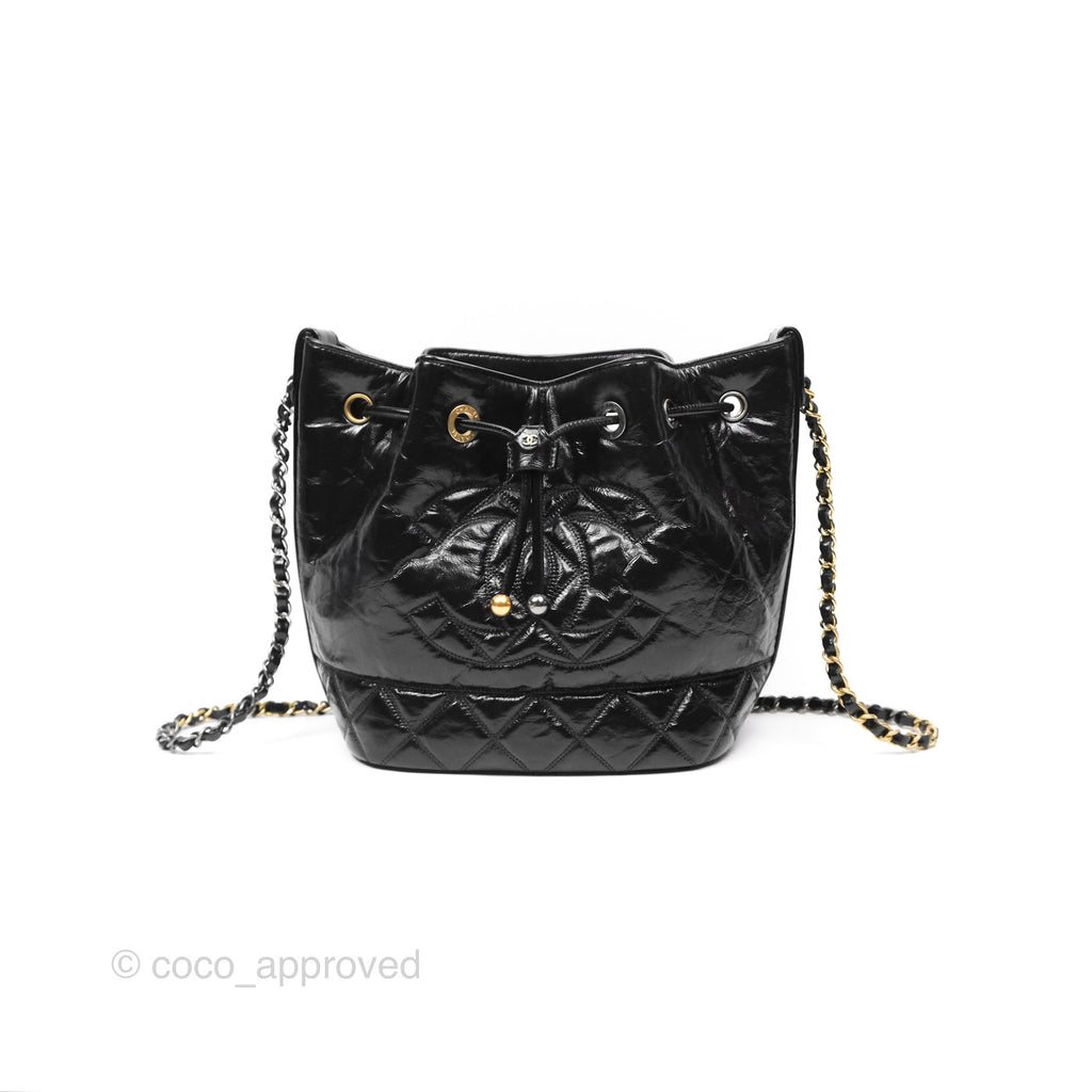 Chanel CC Drawstring Bucket Bag Black Shiny Aged Calfskin