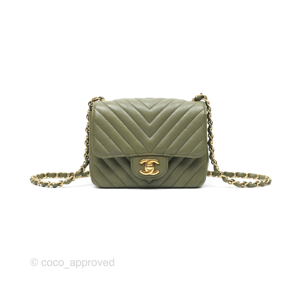 Chanel Mini Square Flap Chevron Olive Green Calfskin Gold Hardware