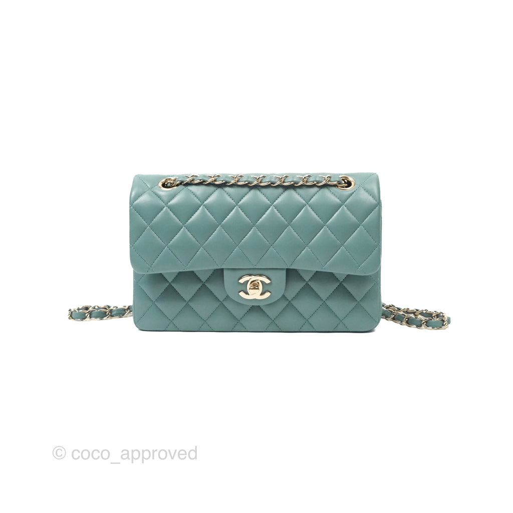 Chanel Small Quilted Classic Flap Dark Tiffany Green Lambskin Gold Hardware
