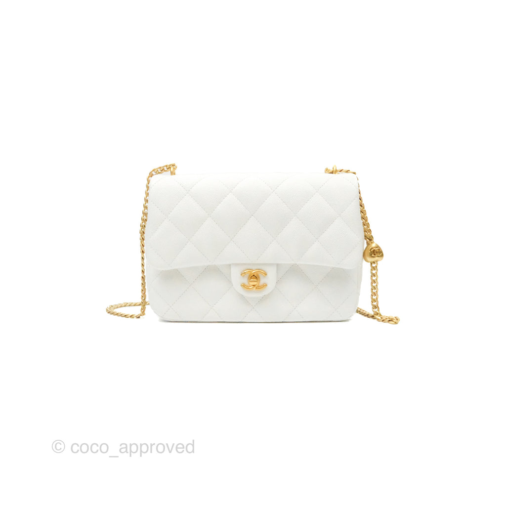 Chanel Large Flap Bag Heart Adjustable Chain White Caviar Aged Gold Hardware