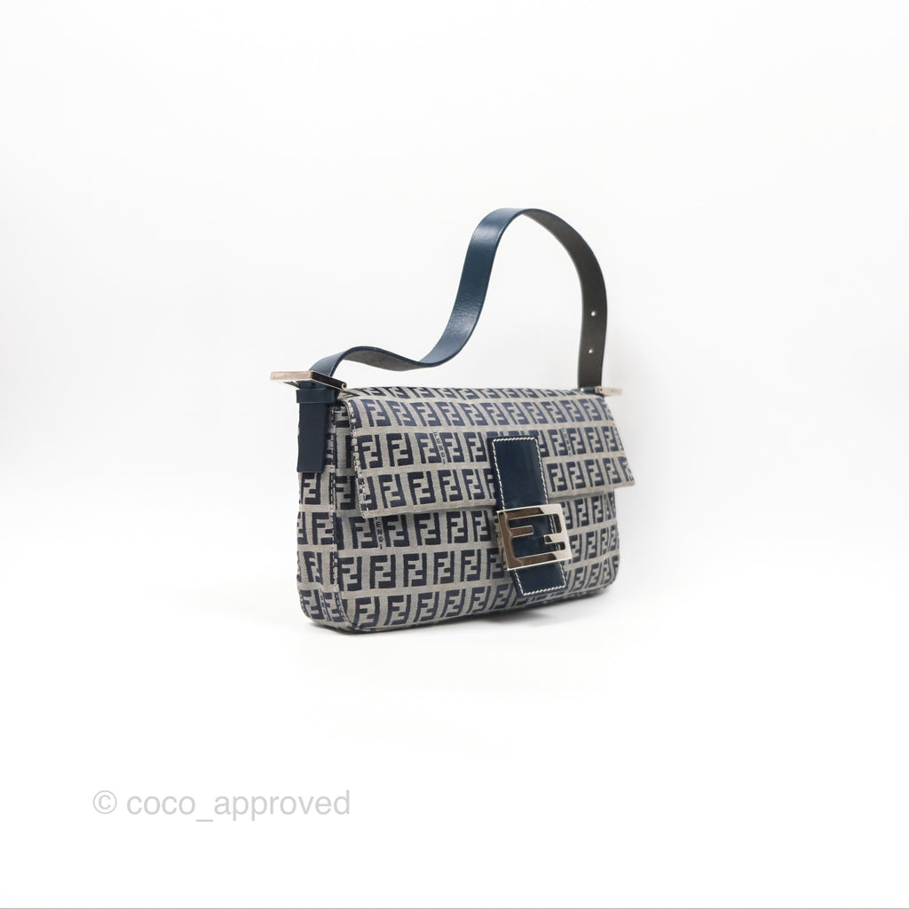 Fendi Vintage Baguette Shoulder Bag Grey/ Navy Canvas
