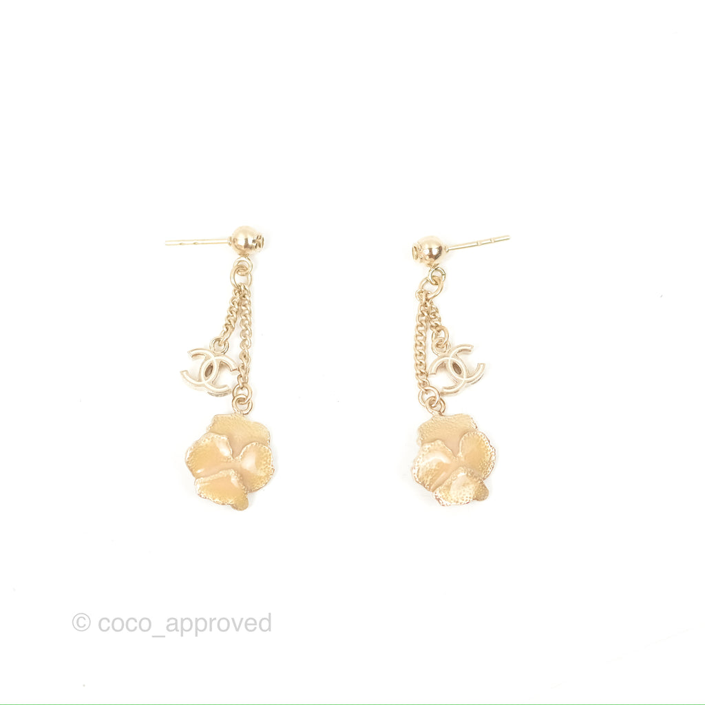 Chanel CC Flower Drop Earrings Gold Tone 13C