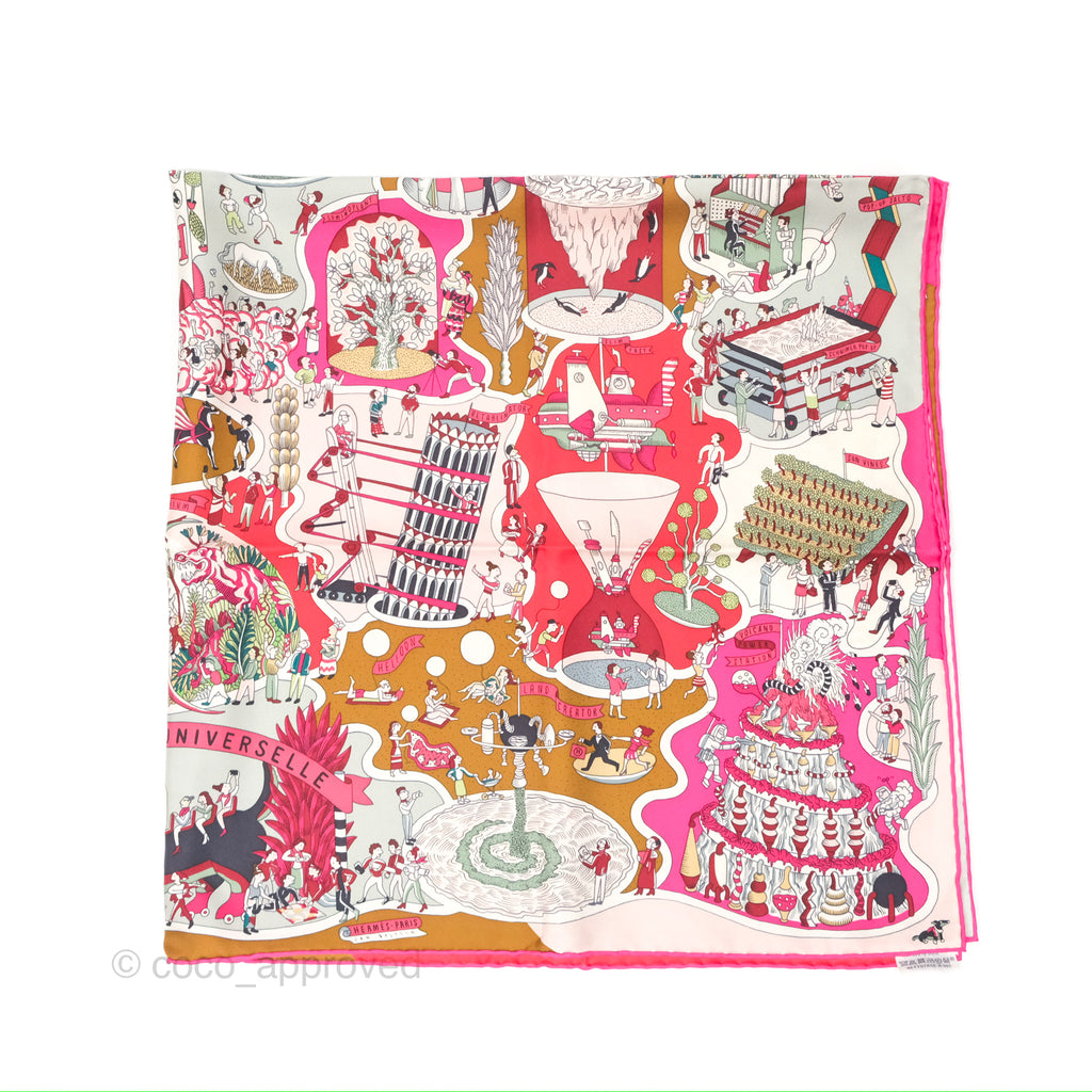 Hermes Exposition Universell Silk Scarf 90 Rose Vif / Vert / Rouge