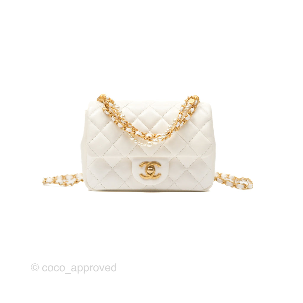 Chanel Pearl Chain Mini Flap Bag White Lambskin Aged Gold Hardware 24P
