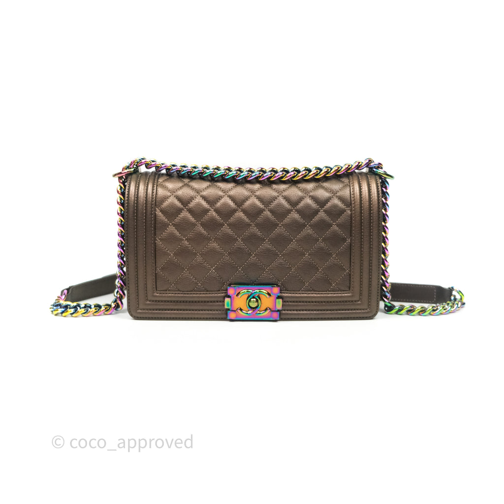 Chanel Quilted Medium Boy Iridescent Bronze Goatskin Rainbow Hardware