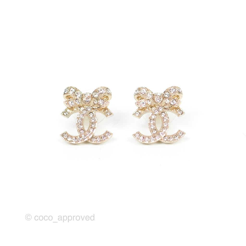 Chanel Crystal Ribbon Bow CC Earrings Gold Tone 23S