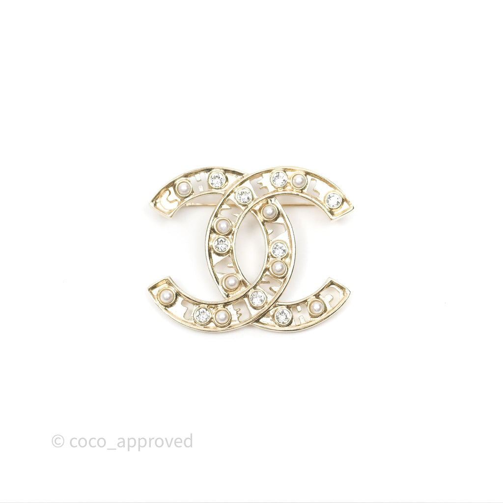 Chanel Pearl Crystal Logo Brooch Gold Tone 21K