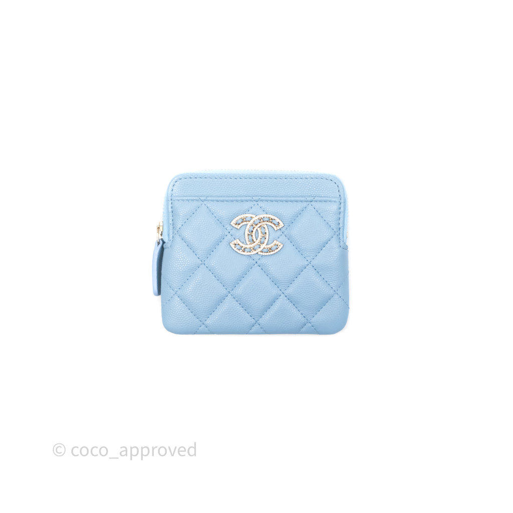 Chanel Quilted Crystal CC Zip Card Holder Wallet Light Blue Caviar Gold Hardware