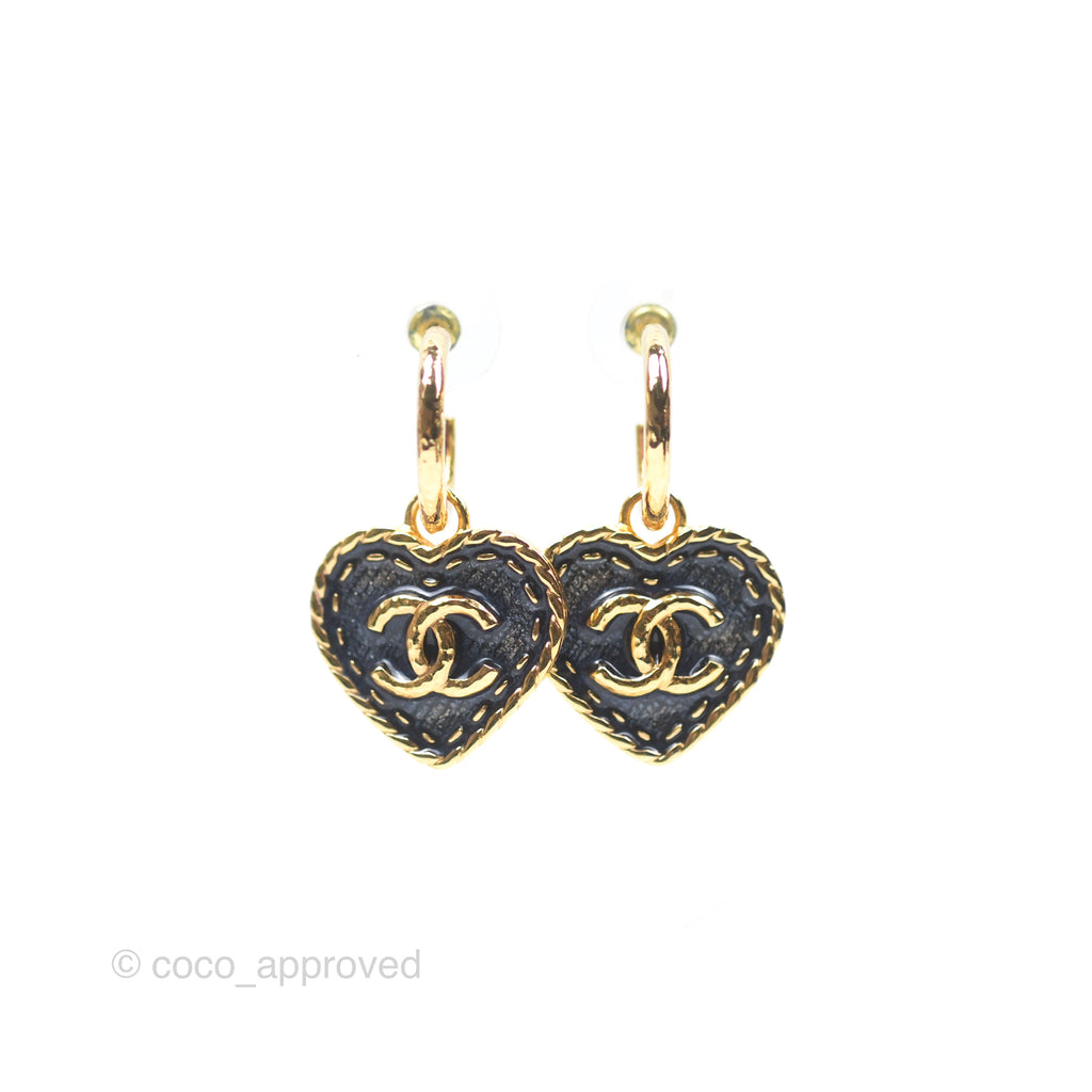 Chanel CC Navy Heart Drop Hoop Earrings Gold Tone 24P