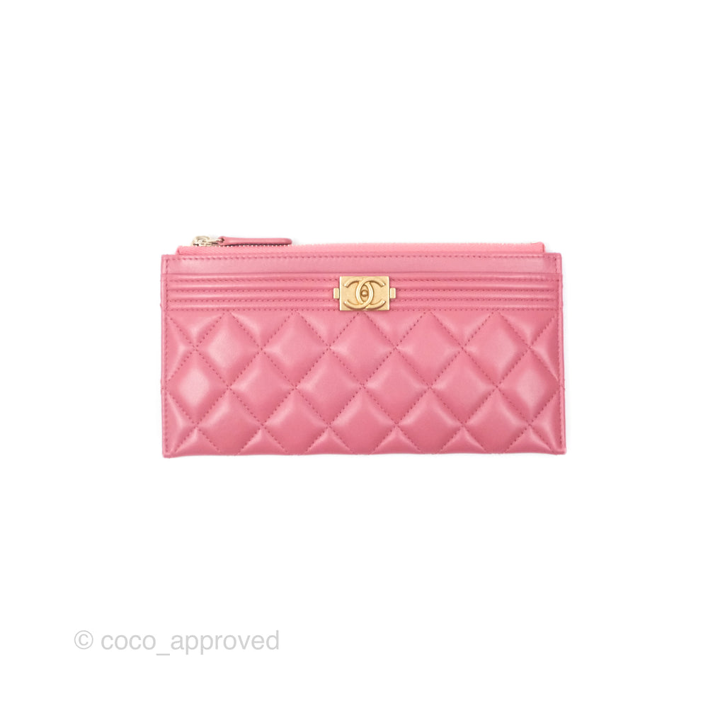 Chanel Boy Long Pouch Wallet Dusty Pink Lambskin Aged Gold Hardware