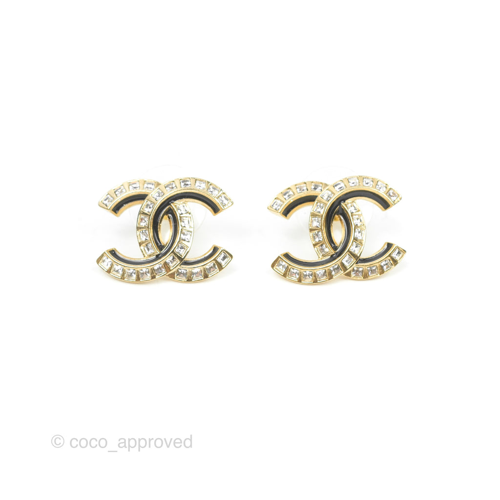 Chanel Crystal & Black CC Earrings Gold Tone 24C
