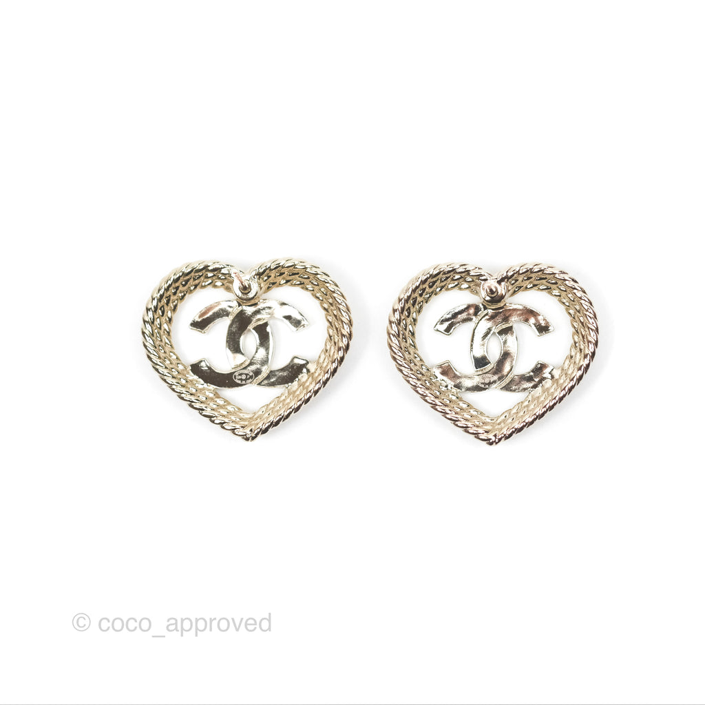 Chanel Large Crystal CC Heart Earrings Gold Tone 24P