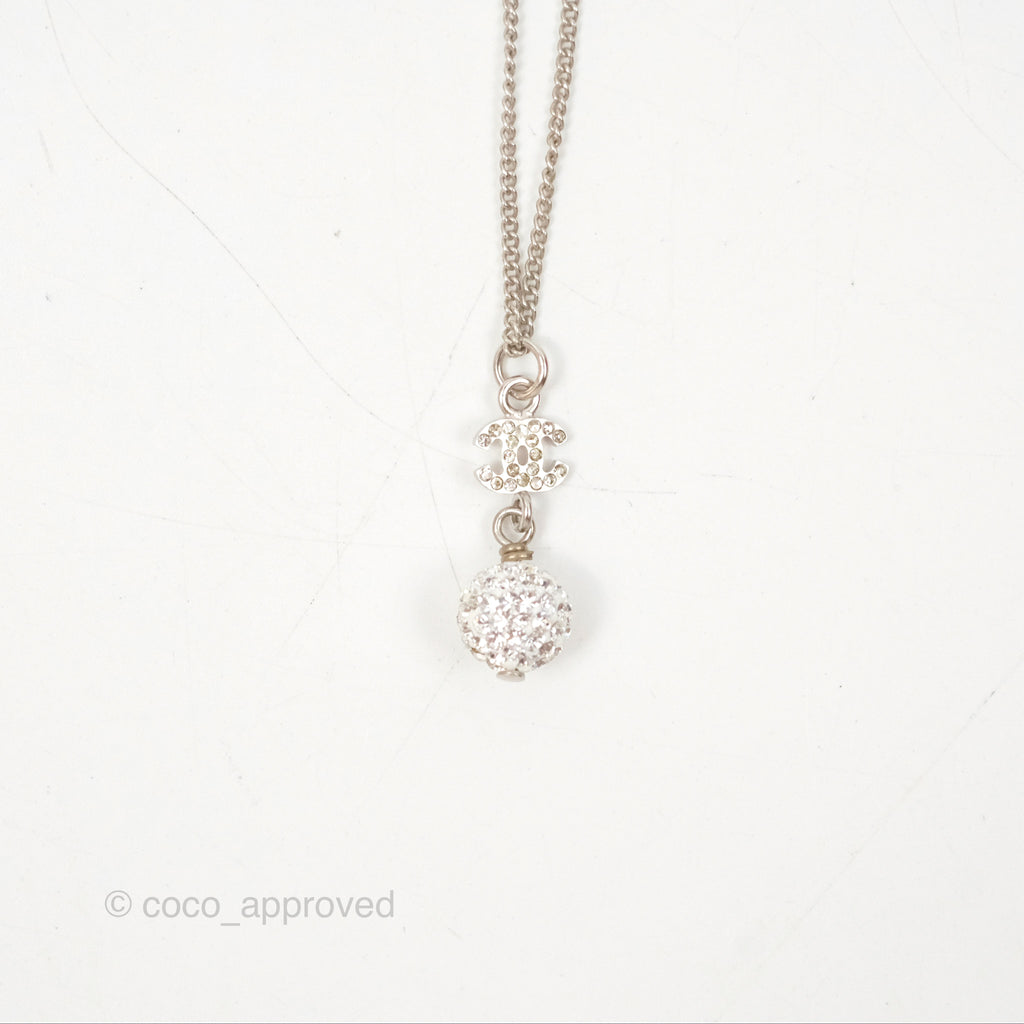 Chanel Crystal CC Pearl Drop Necklace Silver Tone 11P