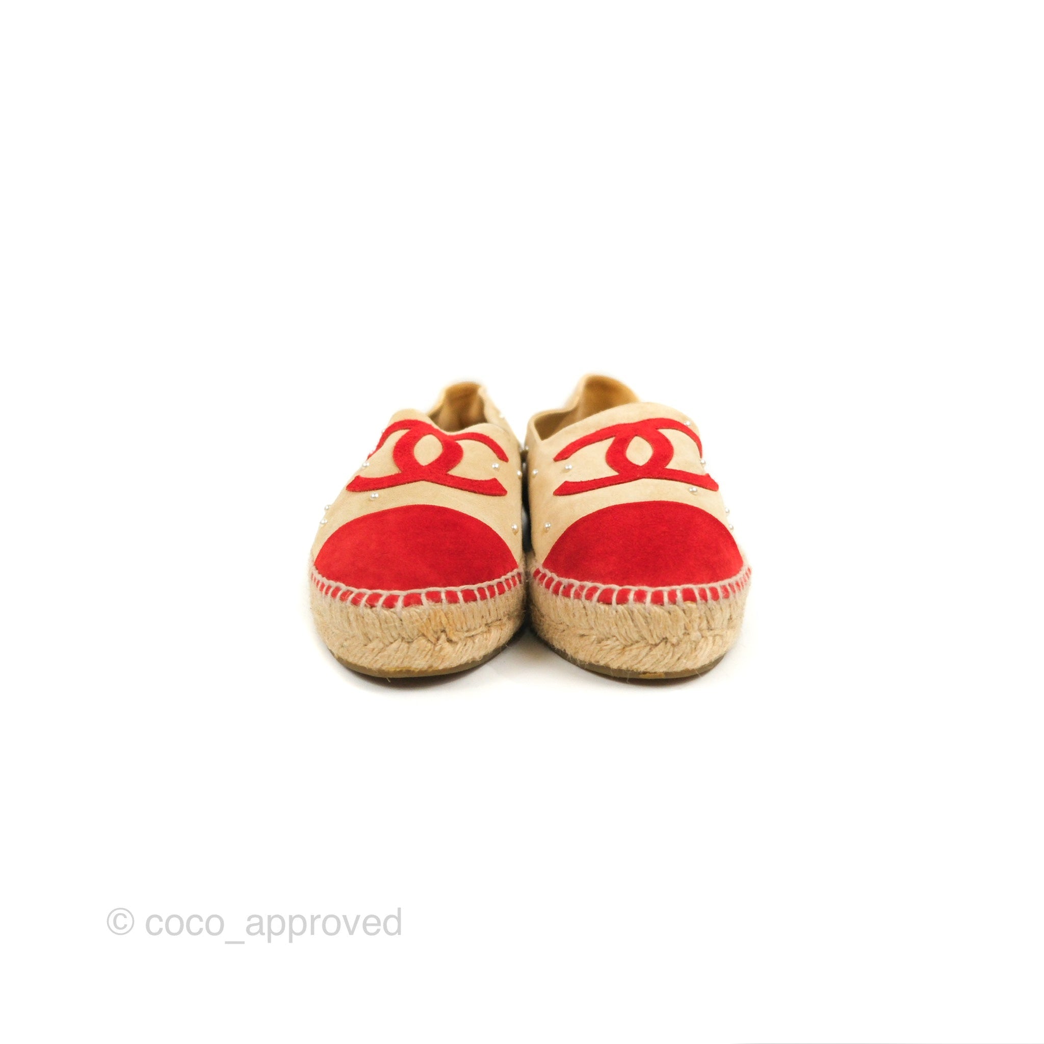 Chanel CC Beige Red Espadrilles with Pearl Size 39 Coco Approved Studio