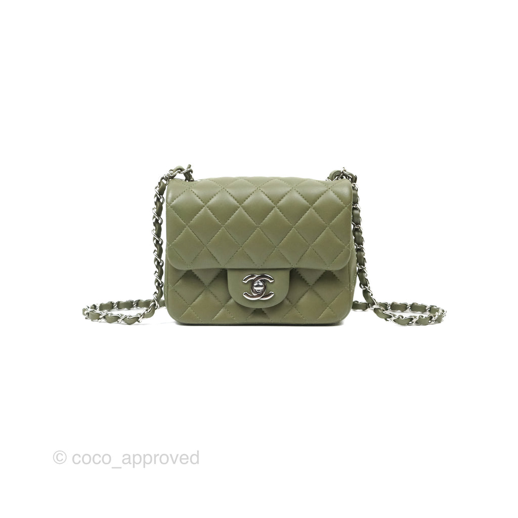 Chanel Mini Square Quilted Olive Green Lambskin Silver Hardware