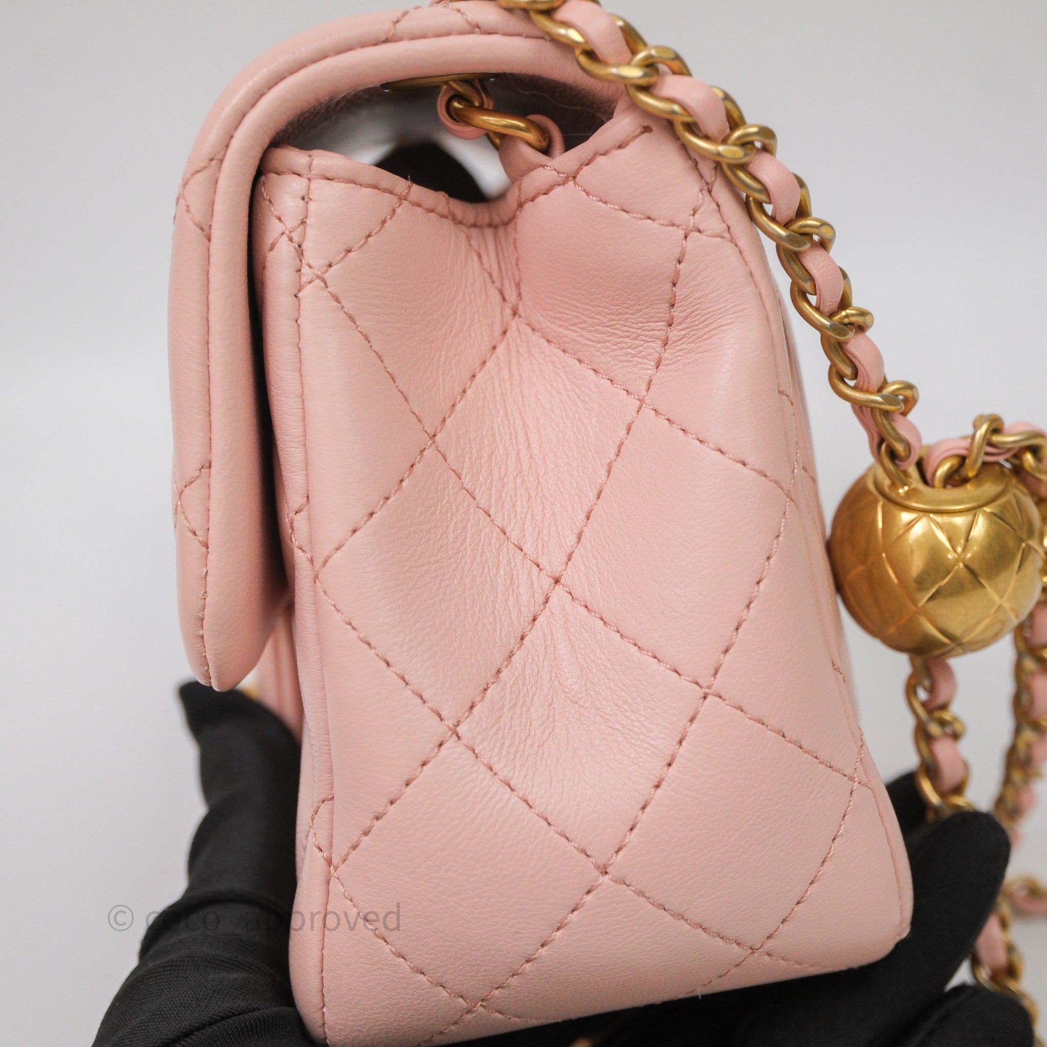 Chanel Pearl Crush Mini Square Quilted Pink Lambskin Aged Gold