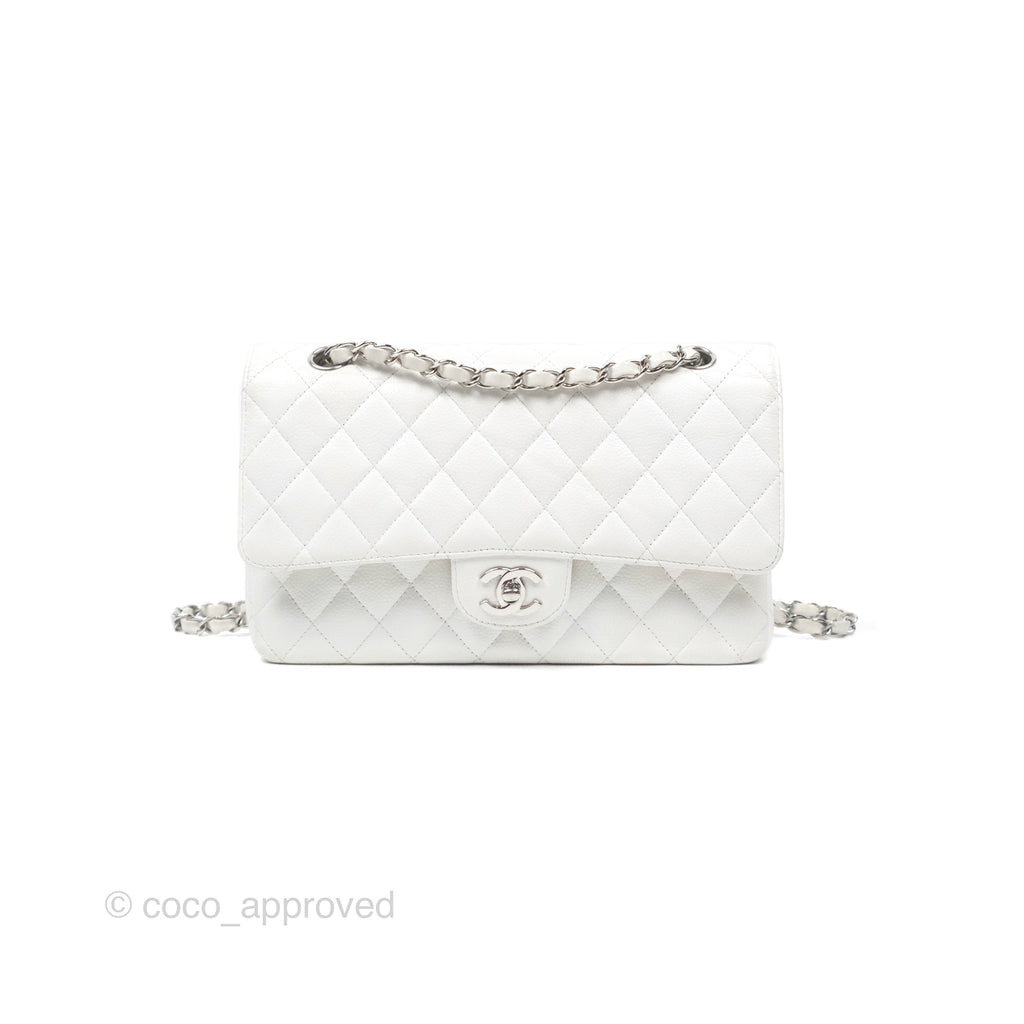 Chanel Classic M/L Medium Flap Quilted White Caviar Silver Hardware