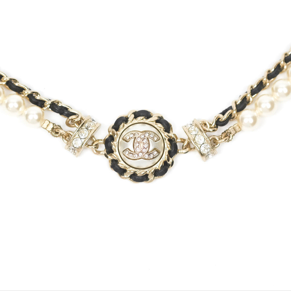 Chanel Crystal CC Pearl Black Leather Chain Braided Necklace Gold Tone 21K