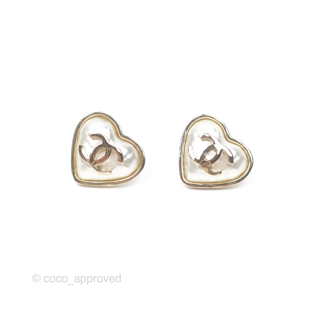 Chanel Pearl CC Heart Earrings Gold Tone 22C