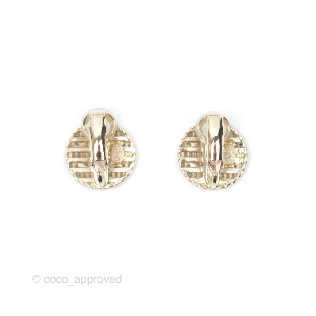 Chanel CC Round Ear Clips Black Gold Tone 19C