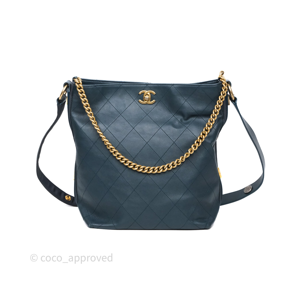 Chanel Button Up Hobo Bag Quilted Teal Calfskin Aged Gold Hardware
