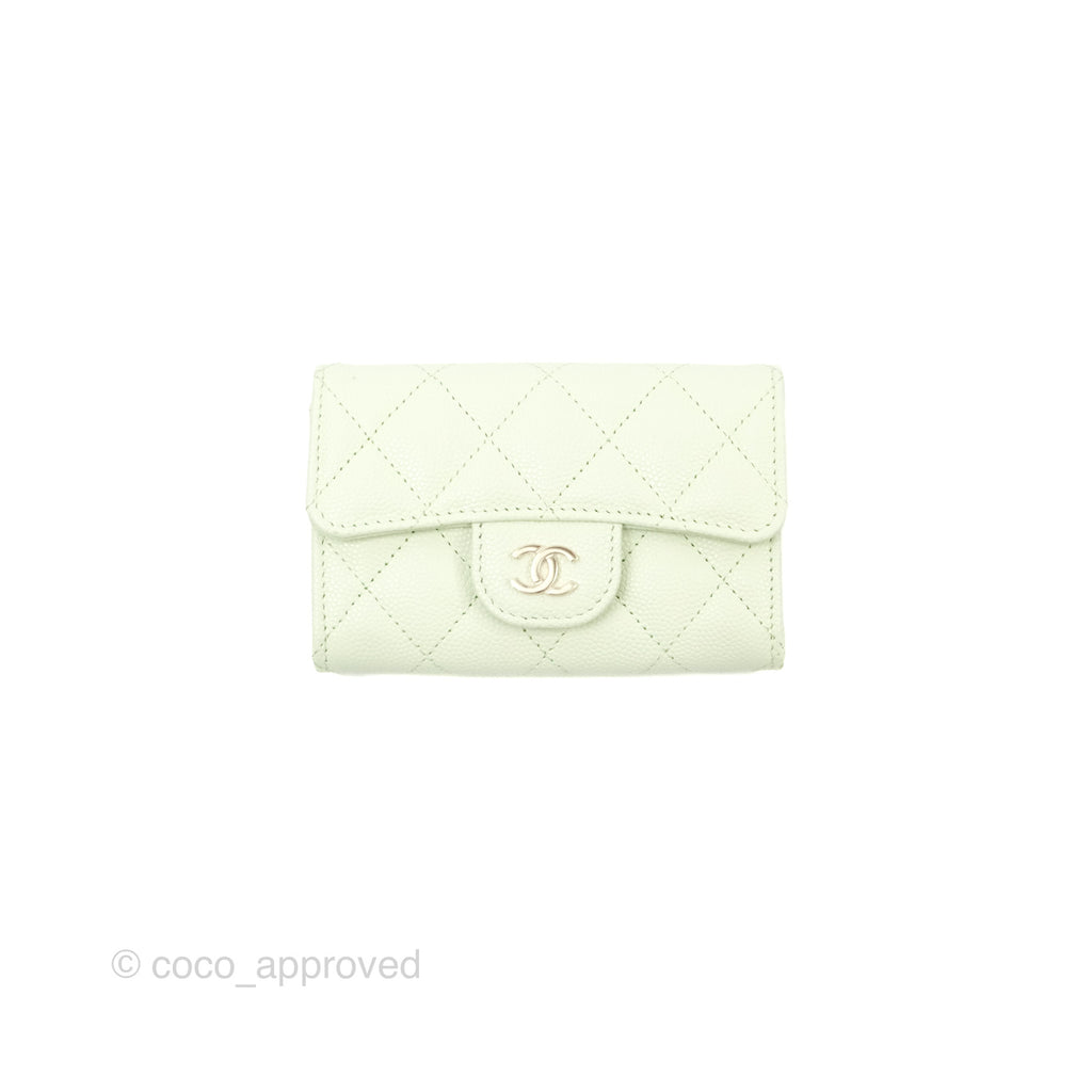 Chanel Quilted Flap Card Holder Light Green Caviar Gold Hardware