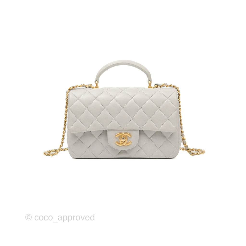 Chanel Top Handle Mini Rectangular Flap Bag Light Grey Lambskin Aged Gold Hardware