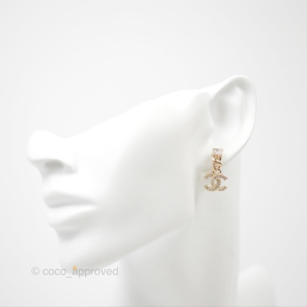 Chanel Chain CC Crystal Drop Earrings Gold Tone 23V