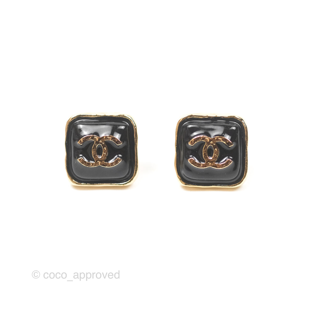 Chanel CC Square Black Earrings Gold Tone 24V