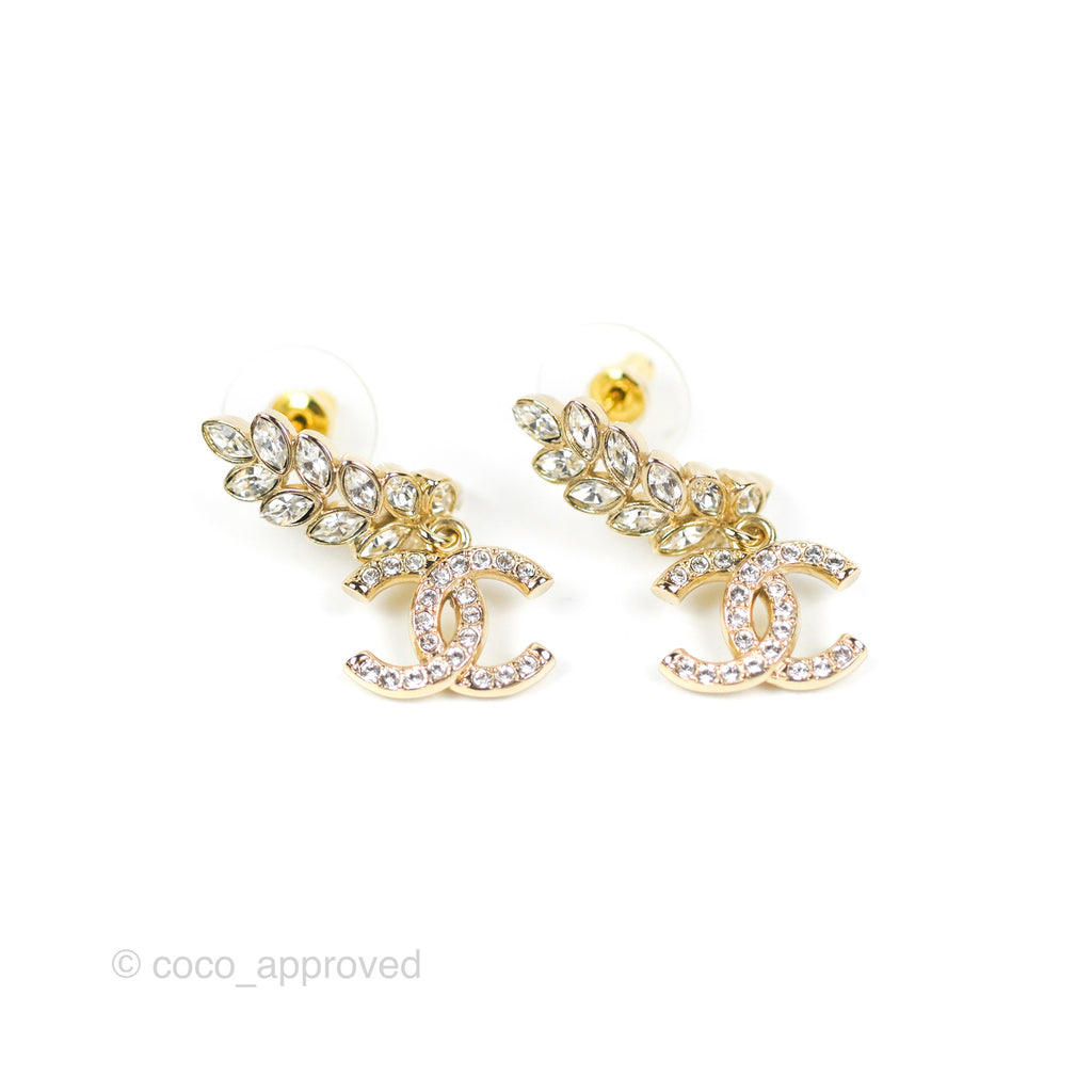Chanel Leafy Crystal CC Drop Earrings Gold Tone 23S