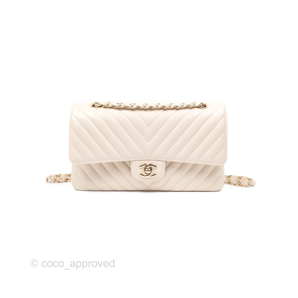 Chanel Classic M/L Medium Double Flap Chevron Light Beige Caviar Gold Hardware 20B