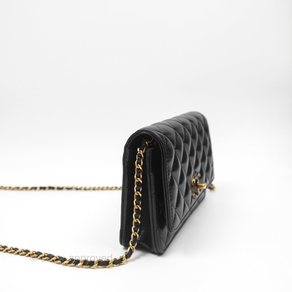 Chanel Quilted WOC Adjustable Chain Black Shiny Lambskin Aged Gold Hardware