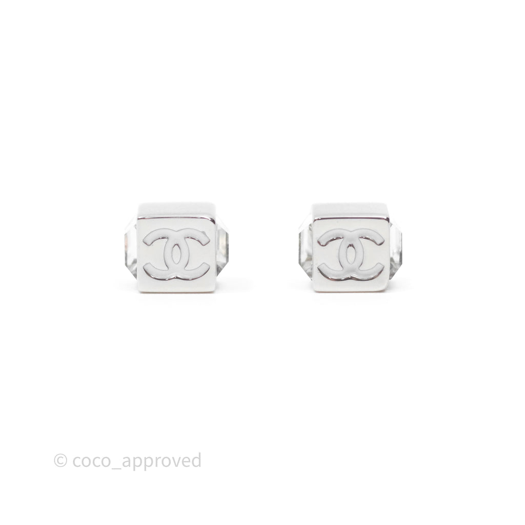 Chanel CC Crystal Square Mini Earrings Silver Tone 25C